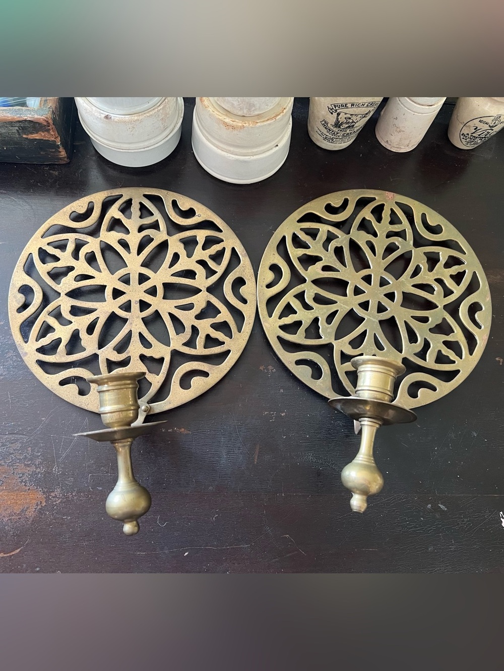 1970s Chinoiserie Bohemian
Mandala Solid Brass Wall
Sconces Taper Candle Holders